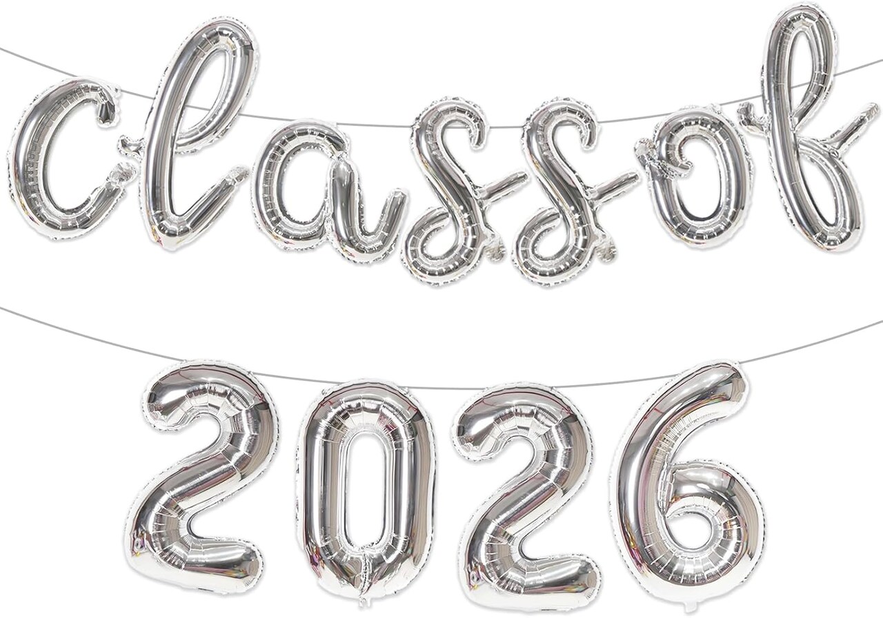Silver Class of 2026 Graduation Balloons - 16 Inch Foil Letter & Number Banner - Silver Graduation Party Decorations for High School, College & University Commencement Backdrop